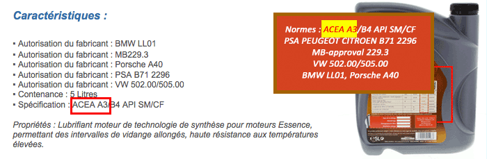 Recommandations constructeur de l'huile moteur sur le site vendeur et la bouteille